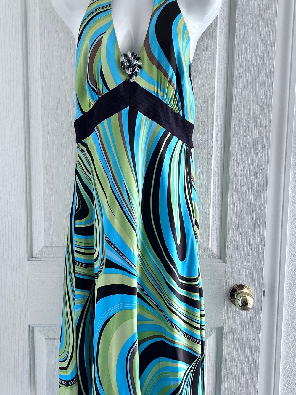 Laundry By Shelli Segal Blue and Green Halter Maxi Dress with V-Detail